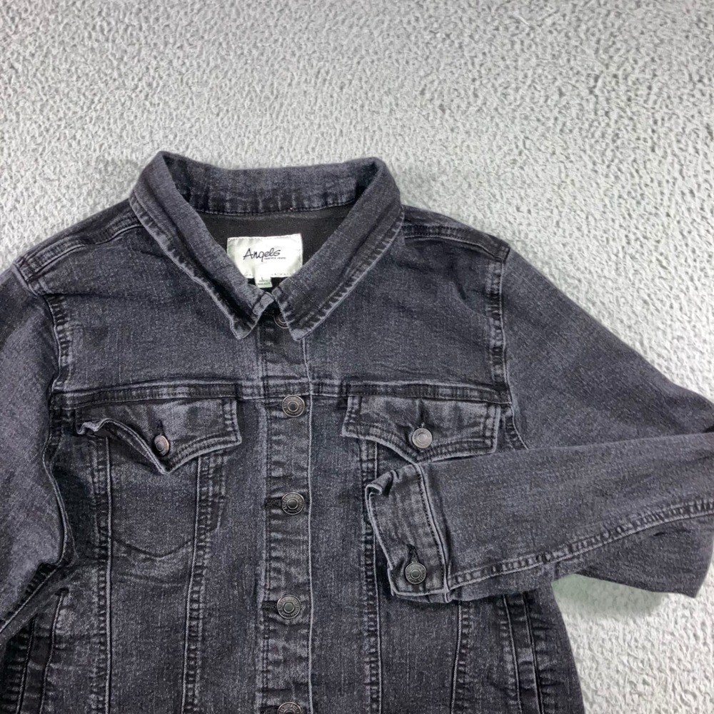 Vtg Black Denim Jacket Women L Faded Raw Hem Stretch Utility Edgy y2k Layering
